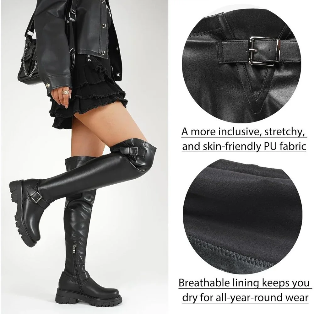 Women's Black Leather High Thigh Over-the-Knee Stretch lug Sole Heel Boot
